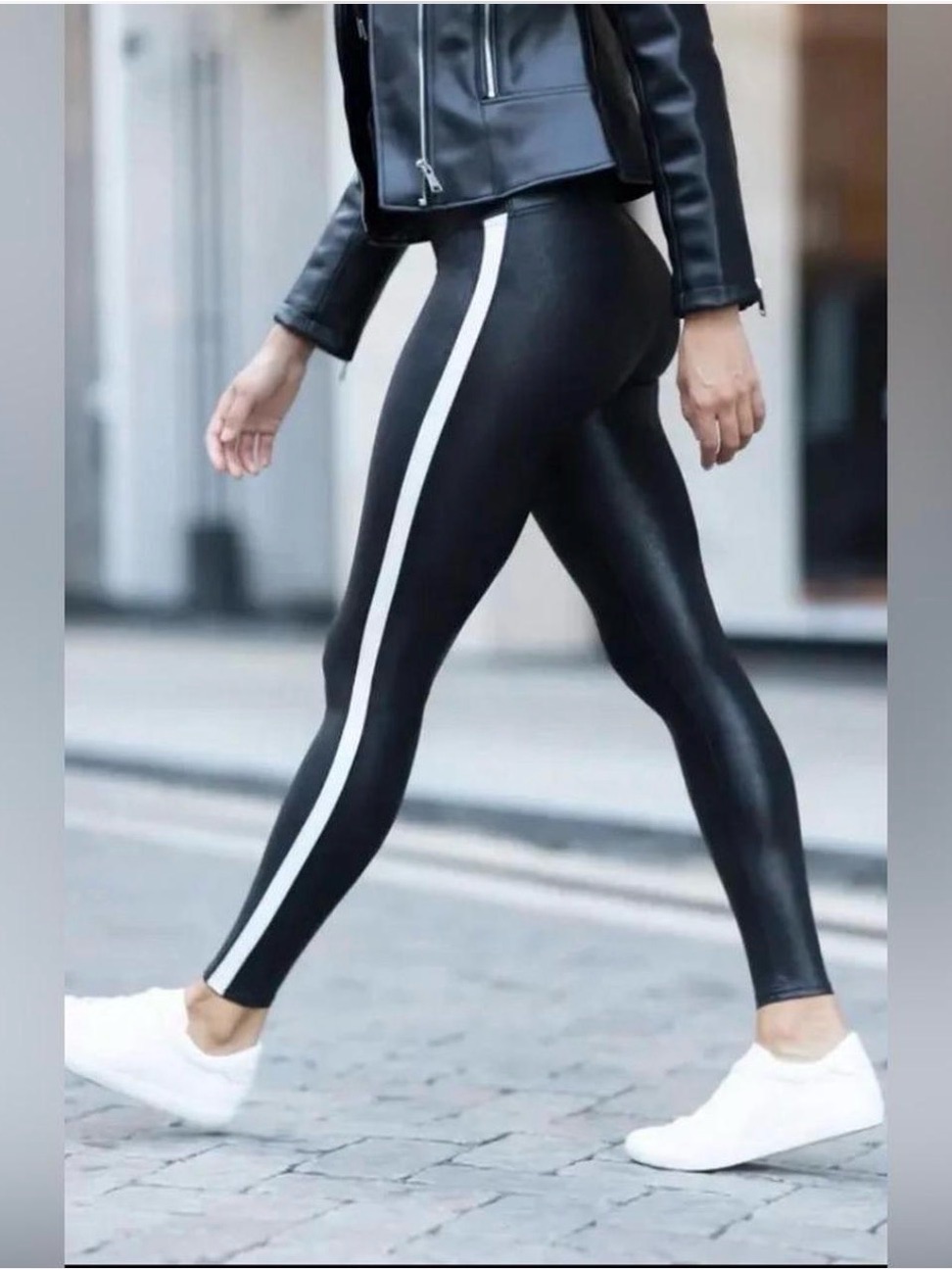 Spanx Faux Leather Leggings White Side Stripe High Rise Tummy Control Medium